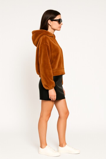 Kadın Crop Boy Yumuşacık Balon Uzun Kol Kapüşonlu Şık Kısa Sweatshirt
