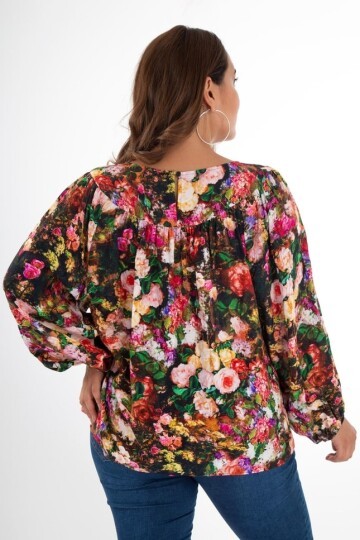 Kadın Curve Büyük Beden Önü Çiçek Drapeli Uzun Kol Spor Şık Bluz