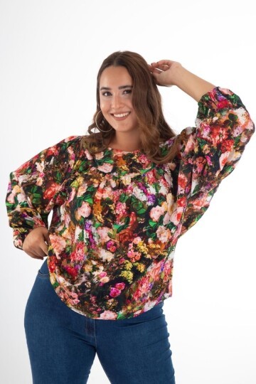 Kadın Curve Büyük Beden Önü Çiçek Drapeli Uzun Kol Spor Şık Bluz