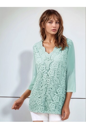 Kadın Curve Büyük Beden Önü Çiçek Güpürlü Kolları Tül Spor Şık Bluz