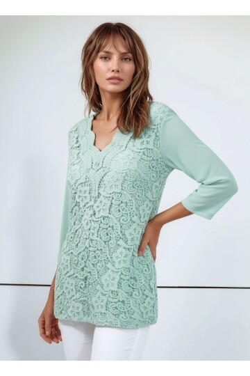 Kadın Curve Büyük Beden Önü Çiçek Güpürlü Kolları Tül Spor Şık Bluz