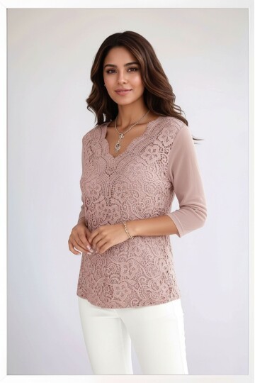 Kadın Curve Büyük Beden Önü Çiçek Güpürlü Kolları Tül Spor Şık Bluz