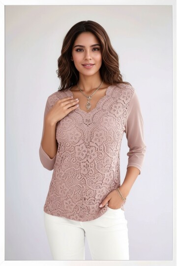 Kadın Curve Büyük Beden Önü Çiçek Güpürlü Kolları Tül Spor Şık Bluz