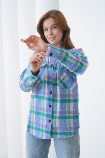 Kadın Desen Bloklu Oduncu Oversize Bol ve Geniş Kalıp Casual Cepli Yakalı Ceket Gömlek