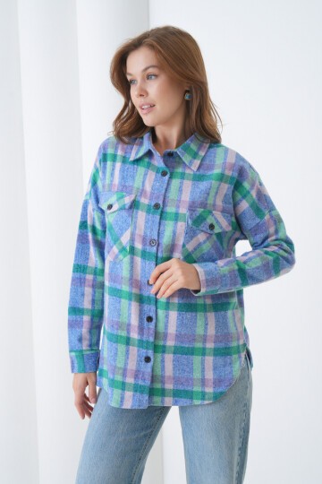 Kadın Desen Bloklu Oduncu Oversize Bol ve Geniş Kalıp Casual Cepli Yakalı Ceket Gömlek