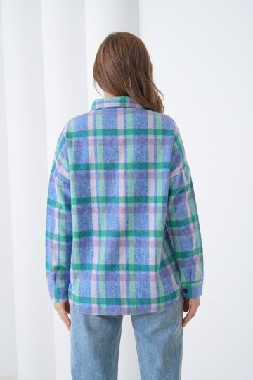 Kadın Desen Bloklu Oduncu Oversize Bol ve Geniş Kalıp Casual Cepli Yakalı Ceket Gömlek