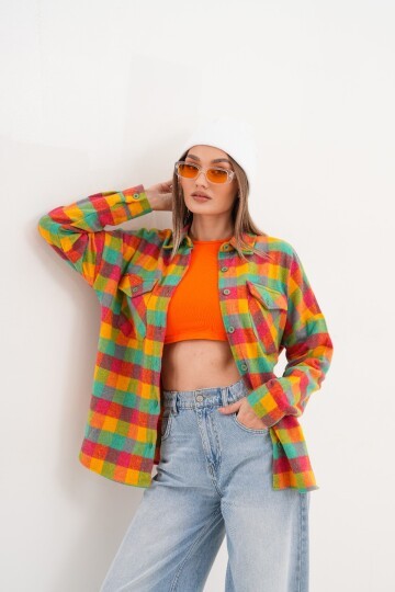 Kadın Desen Bloklu Oduncu Oversize Bol ve Geniş Kalıp Casual Cepli Yakalı Ceket Gömlek