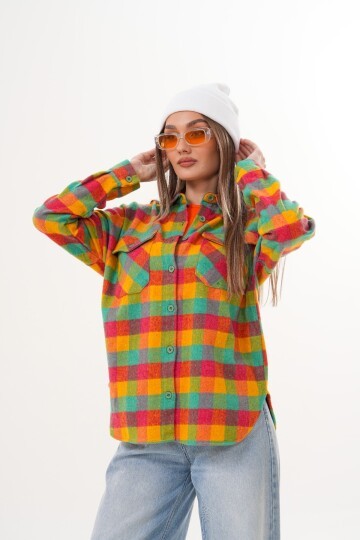 Kadın Desen Bloklu Oduncu Oversize Bol ve Geniş Kalıp Casual Cepli Yakalı Ceket Gömlek