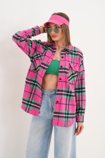 Kadın Desen Bloklu Oduncu Oversize Bol ve Geniş Kalıp Casual Cepli Yakalı Ceket Gömlek