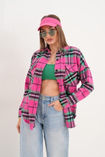 Kadın Desen Bloklu Oduncu Oversize Bol ve Geniş Kalıp Casual Cepli Yakalı Ceket Gömlek