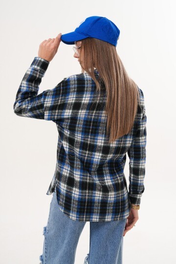 Kadın Desen Bloklu Oduncu Oversize Bol ve Geniş Kalıp Casual Cepli Yakalı Ceket Gömlek