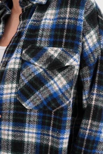 Kadın Desen Bloklu Oduncu Oversize Bol ve Geniş Kalıp Casual Cepli Yakalı Ceket Gömlek