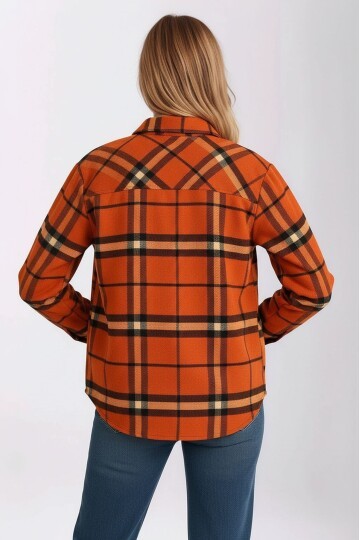 Kadın Desen Bloklu Oduncu Oversize Bol ve Geniş Kalıp Casual Cepli Yakalı Ceket Gömlek