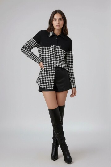 Kadın Desen Bloklu Oduncu Oversize Bol ve Geniş Kalıp Casual Cepli Yakalı Ceket Gömlek