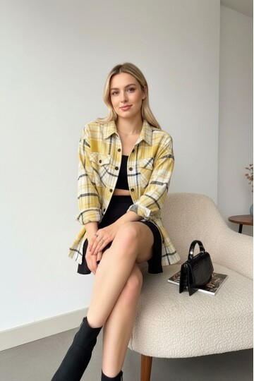 Kadın Desen Bloklu Oduncu Oversize Bol ve Geniş Kalıp Casual Cepli Yakalı Ceket Gömlek