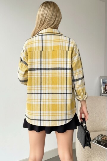 Kadın Desen Bloklu Oduncu Oversize Bol ve Geniş Kalıp Casual Cepli Yakalı Ceket Gömlek