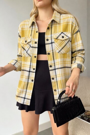 Kadın Desen Bloklu Oduncu Oversize Bol ve Geniş Kalıp Casual Cepli Yakalı Ceket Gömlek