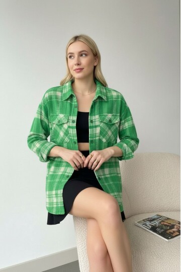 Kadın Desen Bloklu Oduncu Oversize Bol ve Geniş Kalıp Casual Cepli Yakalı Ceket Gömlek