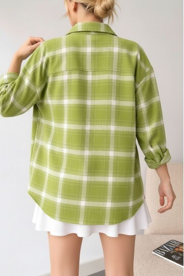 Kadın Desen Bloklu Oduncu Oversize Bol ve Geniş Kalıp Casual Cepli Yakalı Ceket Gömlek