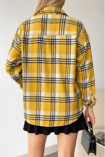 Kadın Desen Bloklu Oduncu Oversize Bol ve Geniş Kalıp Casual Cepli Yakalı Ceket Gömlek