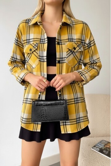 Kadın Desen Bloklu Oduncu Oversize Bol ve Geniş Kalıp Casual Cepli Yakalı Ceket Gömlek