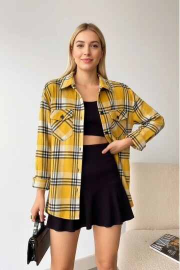 Kadın Desen Bloklu Oduncu Oversize Bol ve Geniş Kalıp Casual Cepli Yakalı Ceket Gömlek