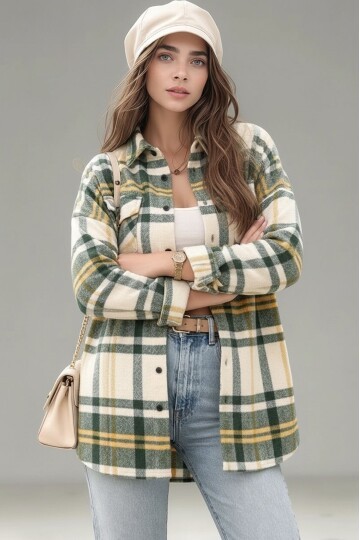 Kadın Desen Bloklu Oduncu Oversize Bol ve Geniş Kalıp Casual Cepli Yakalı Ceket Gömlek