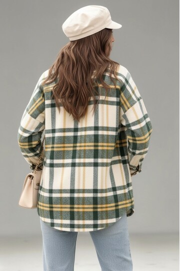 Kadın Desen Bloklu Oduncu Oversize Bol ve Geniş Kalıp Casual Cepli Yakalı Ceket Gömlek