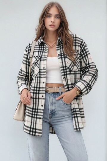 Kadın Desen Bloklu Oduncu Oversize Bol ve Geniş Kalıp Casual Cepli Yakalı Ceket Gömlek