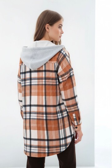 Kadın Desen Bloklu Oduncu Oversize Geniş Kalıp Casual Cepli Kapüşonlu Uzun Boy Ceket Gömlek