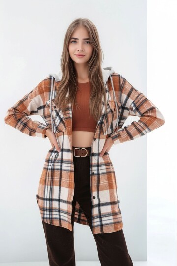 Kadın Desen Bloklu Oduncu Oversize Geniş Kalıp Casual Cepli Kapüşonlu Uzun Boy Ceket Gömlek