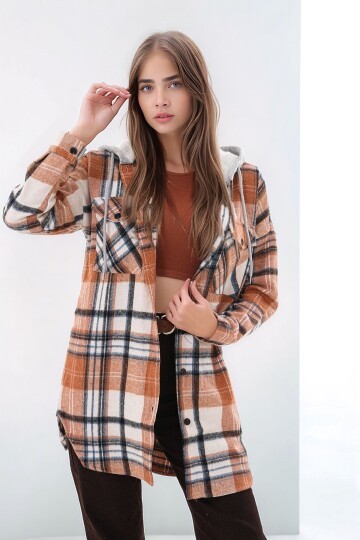 Kadın Desen Bloklu Oduncu Oversize Geniş Kalıp Casual Cepli Kapüşonlu Uzun Boy Ceket Gömlek