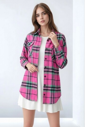 Kadın Desen Bloklu Oduncu Oversize Bol ve Geniş Kalıp Casual Cepli Yakalı Ceket Gömlek