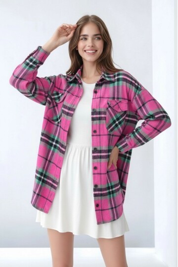 Kadın Desen Bloklu Oduncu Oversize Bol ve Geniş Kalıp Casual Cepli Yakalı Ceket Gömlek