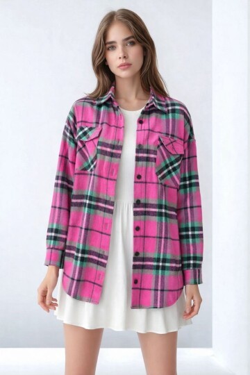 Kadın Desen Bloklu Oduncu Oversize Bol ve Geniş Kalıp Casual Cepli Yakalı Ceket Gömlek