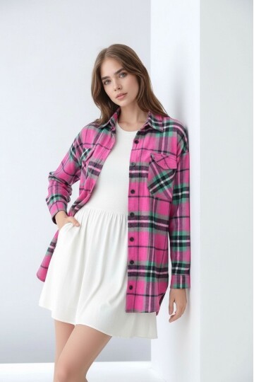 Kadın Desen Bloklu Oduncu Oversize Bol ve Geniş Kalıp Casual Cepli Yakalı Ceket Gömlek