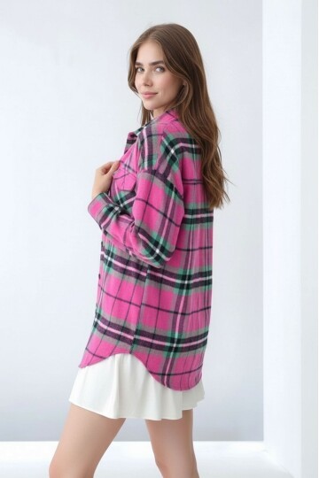 Kadın Desen Bloklu Oduncu Oversize Bol ve Geniş Kalıp Casual Cepli Yakalı Ceket Gömlek