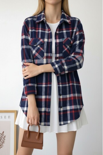 Kadın Desen Bloklu Oduncu Oversize Bol ve Geniş Kalıp Casual Cepli Yakalı Ceket Gömlek