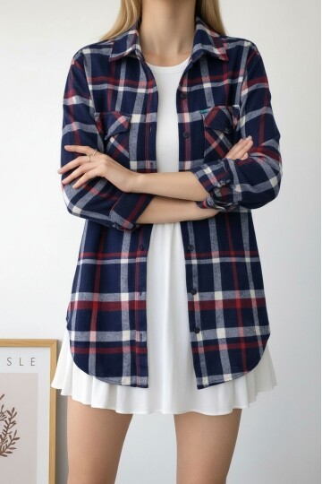 Kadın Desen Bloklu Oduncu Oversize Bol ve Geniş Kalıp Casual Cepli Yakalı Ceket Gömlek