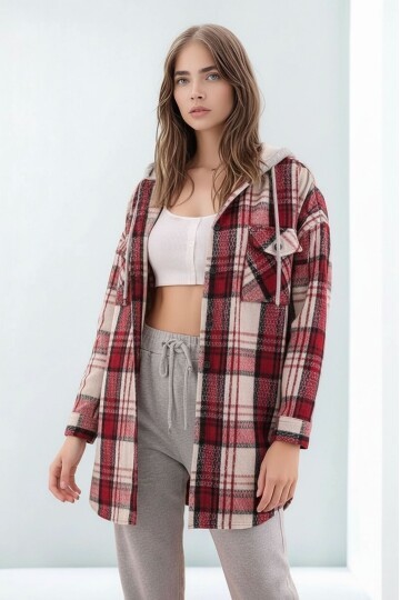 Kadın Desen Bloklu Oduncu Oversize Geniş Kalıp Casual Cepli Kapüşonlu Uzun Boy Ceket Gömlek