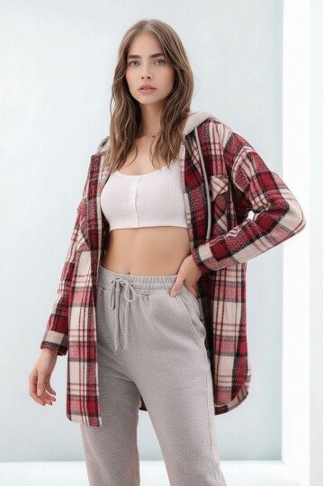 Kadın Desen Bloklu Oduncu Oversize Geniş Kalıp Casual Cepli Kapüşonlu Uzun Boy Ceket Gömlek