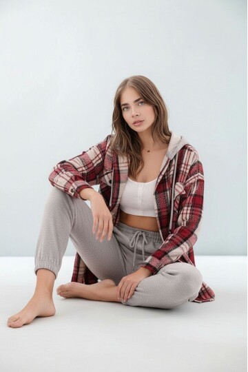 Kadın Desen Bloklu Oduncu Oversize Geniş Kalıp Casual Cepli Kapüşonlu Uzun Boy Ceket Gömlek