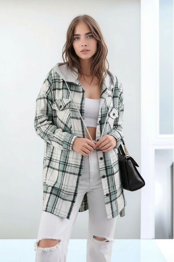 Kadın Desen Bloklu Oduncu Oversize Geniş Kalıp Casual Cepli Kapüşonlu Uzun Boy Ceket Gömlek