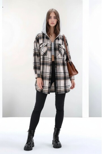 Kadın Desen Bloklu Oduncu Oversize Geniş Kalıp Casual Cepli Kapüşonlu Uzun Boy Ceket Gömlek