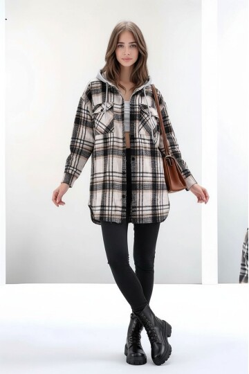 Kadın Desen Bloklu Oduncu Oversize Geniş Kalıp Casual Cepli Kapüşonlu Uzun Boy Ceket Gömlek