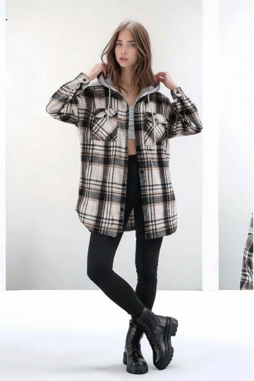 Kadın Desen Bloklu Oduncu Oversize Geniş Kalıp Casual Cepli Kapüşonlu Uzun Boy Ceket Gömlek