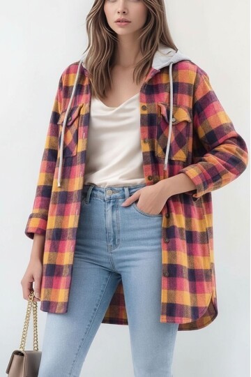 Kadın Desen Bloklu Oduncu Oversize Geniş Kalıp Casual Cepli Kapüşonlu Uzun Boy Ceket Gömlek