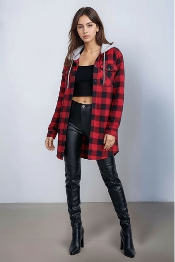 Kadın Desen Bloklu Oduncu Oversize Geniş Kalıp Casual Cepli Kapüşonlu Uzun Boy Ceket Gömlek