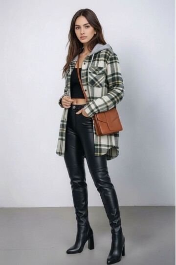 Kadın Desen Bloklu Oduncu Oversize Geniş Kalıp Casual Cepli Kapüşonlu Uzun Boy Ceket Gömlek