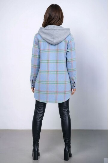 Kadın Desen Bloklu Oduncu Oversize Geniş Kalıp Casual Cepli Kapüşonlu Uzun Boy Ceket Gömlek